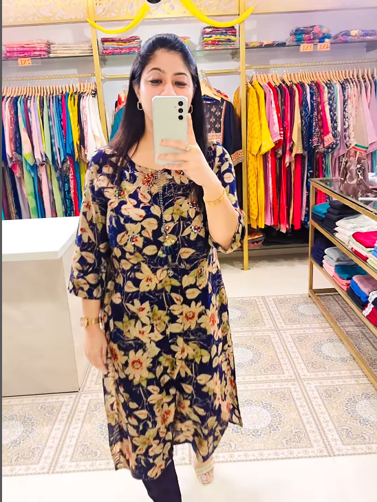 Navy Blue Floral Printed Crepe Kurta