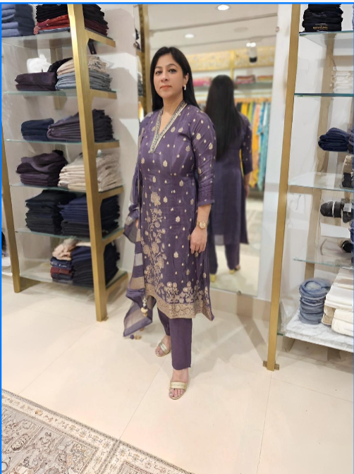 Royal Purple Dola Silk Embroidered Suit Set with Striped Dupatta