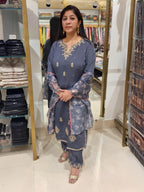 Elegant Grey Dola Silk Embroidered Suit Set