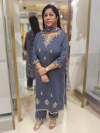 Elegant Grey Dola Silk Embroidered Suit Set