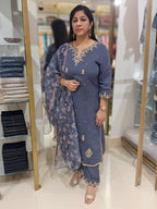 Elegant Grey Dola Silk Embroidered Suit Set