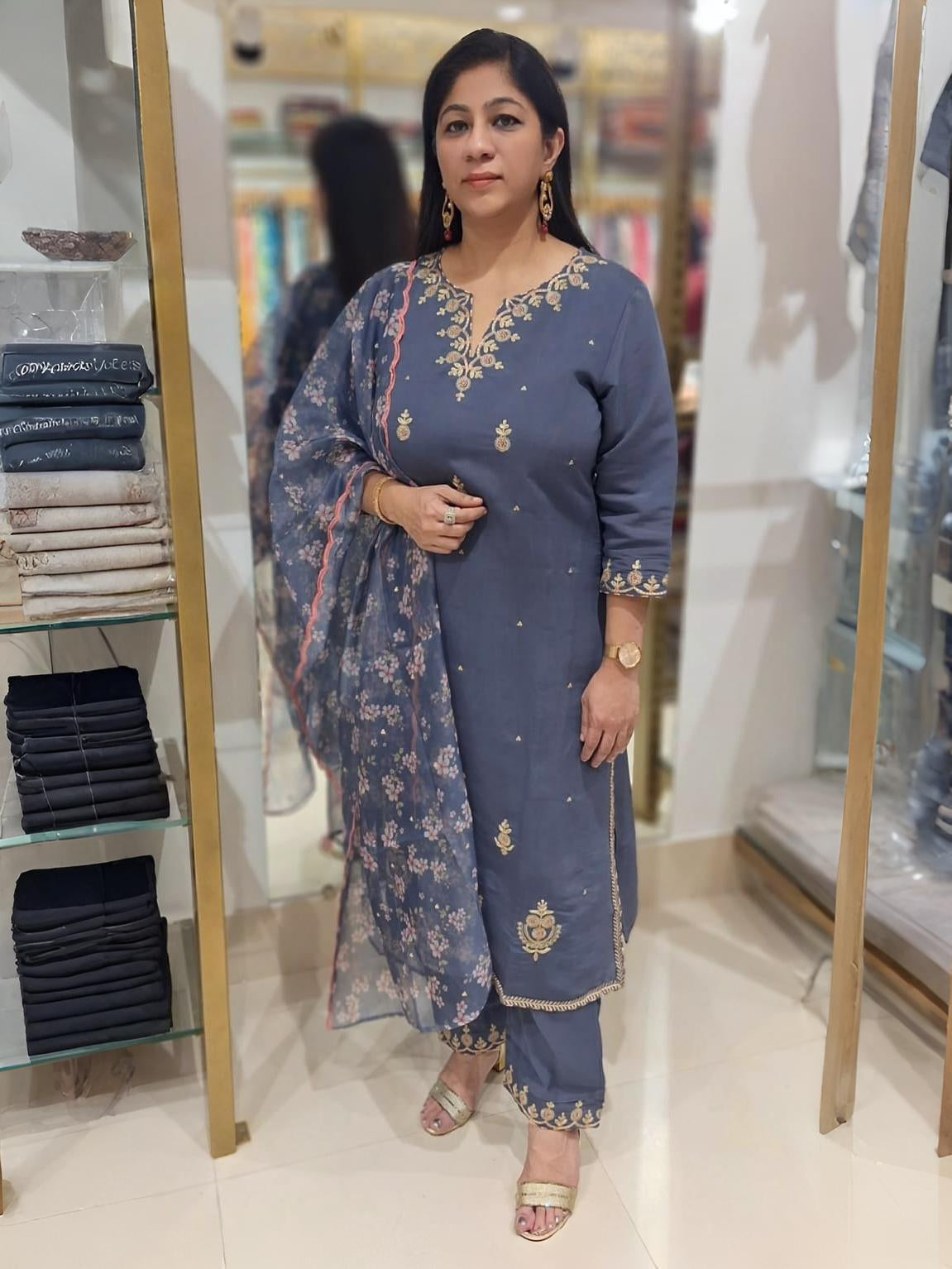 Elegant Grey Dola Silk Embroidered Suit Set