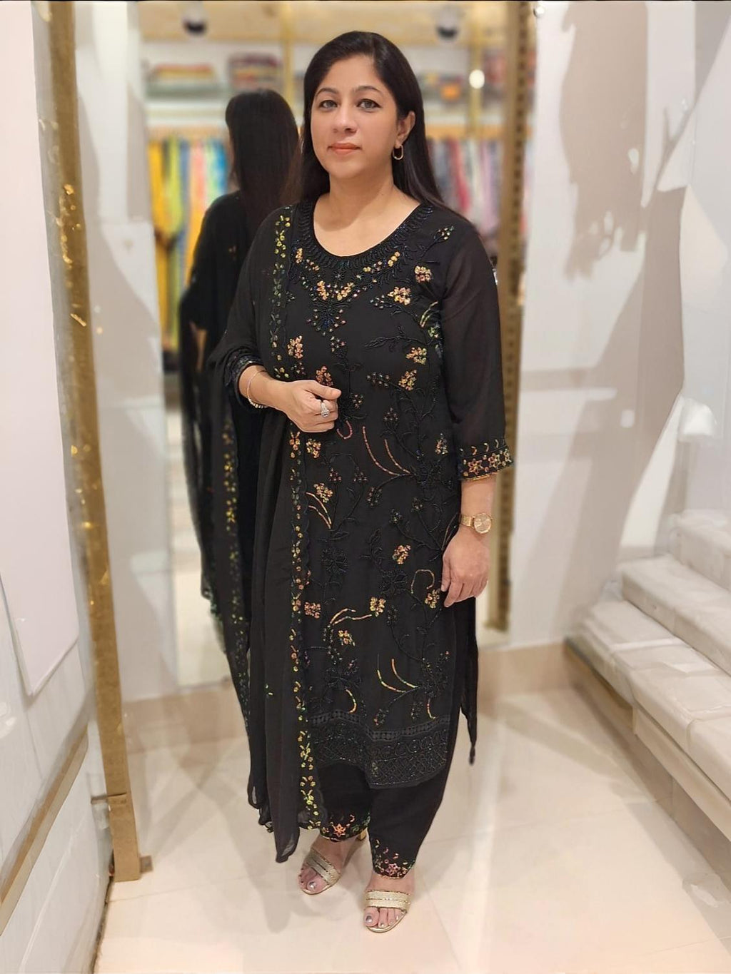 Elegant Black Georgette Suit with All-Over Sequin Embroidery