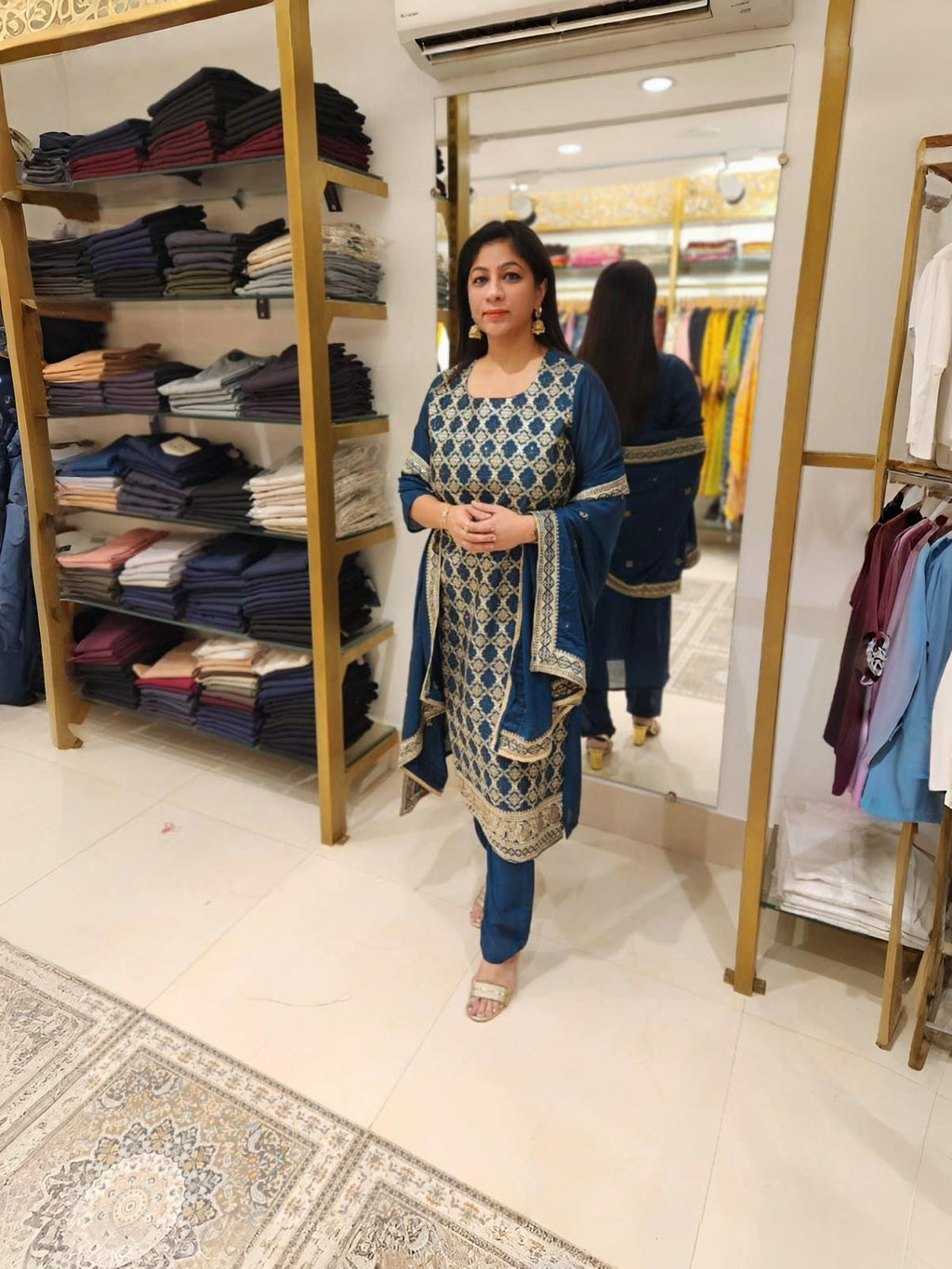 Teal Blue Suit with Exquisite Gold Thread Embroidery