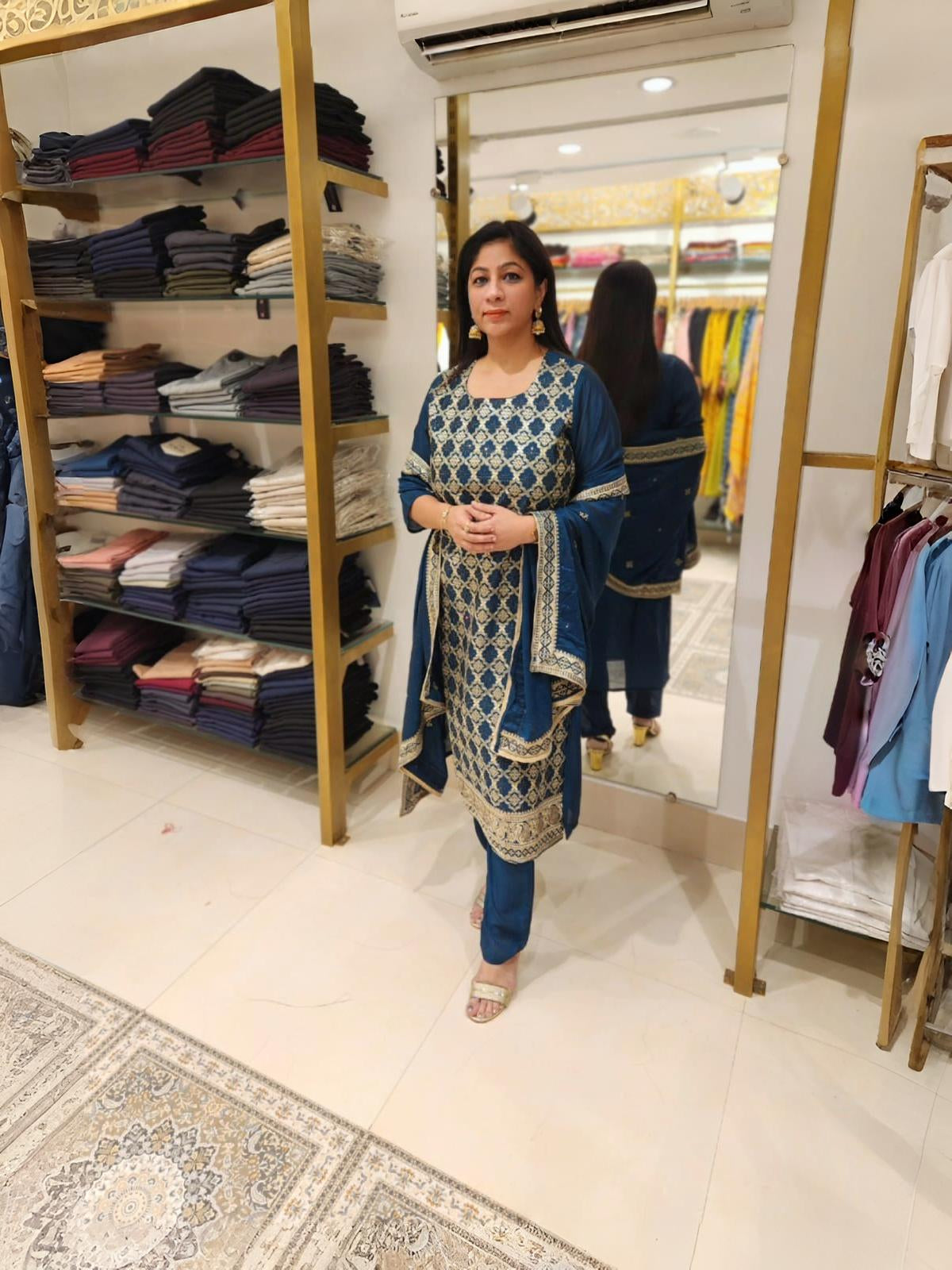 Teal Blue Suit with Exquisite Gold Thread Embroidery