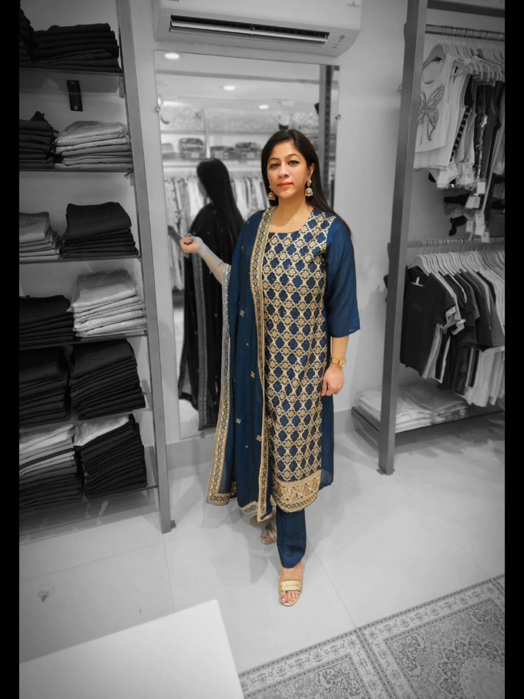 Teal Blue Suit with Exquisite Gold Thread Embroidery