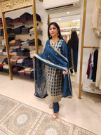 Teal Blue Suit with Exquisite Gold Thread Embroidery