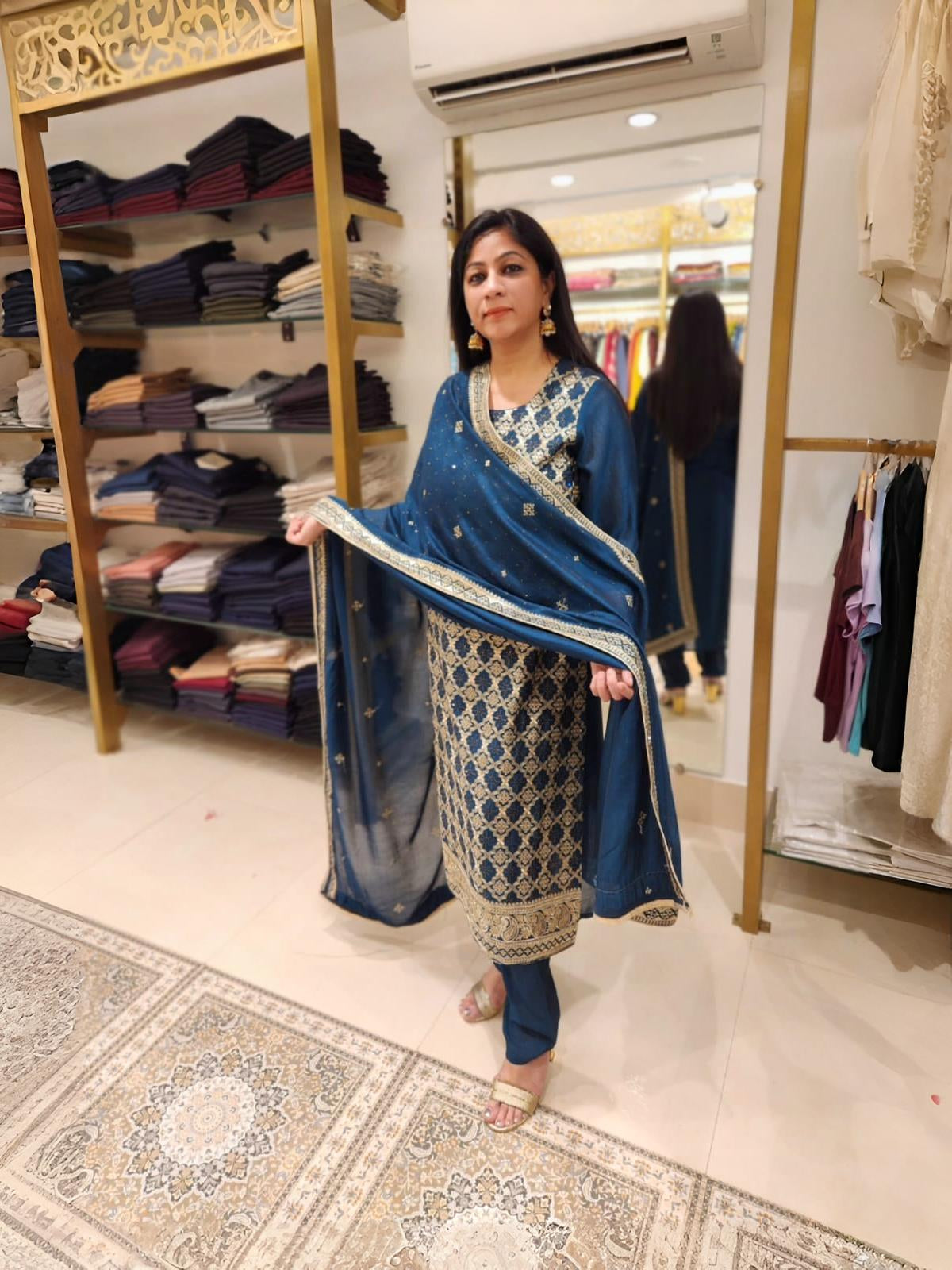 Teal Blue Suit with Exquisite Gold Thread Embroidery