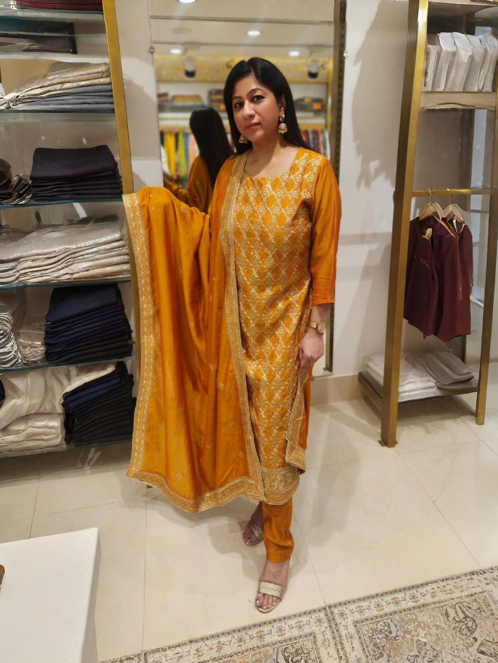 Mustard Yellow 3-Piece Suit with Exquisite Gold Thread Embroidery