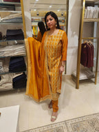Mustard Yellow 3-Piece Suit with Exquisite Gold Thread Embroidery