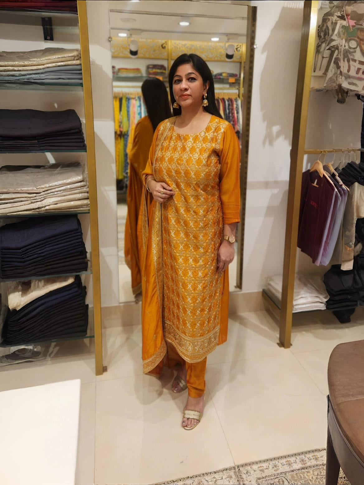Mustard Yellow 3-Piece Suit with Exquisite Gold Thread Embroidery