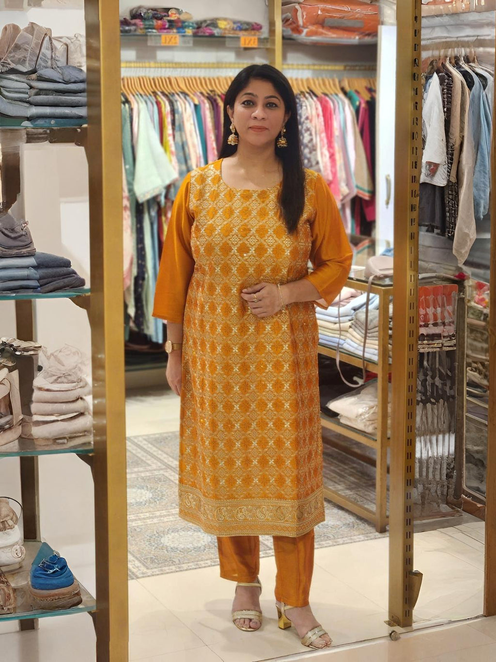 Mustard Yellow 3-Piece Suit with Exquisite Gold Thread Embroidery