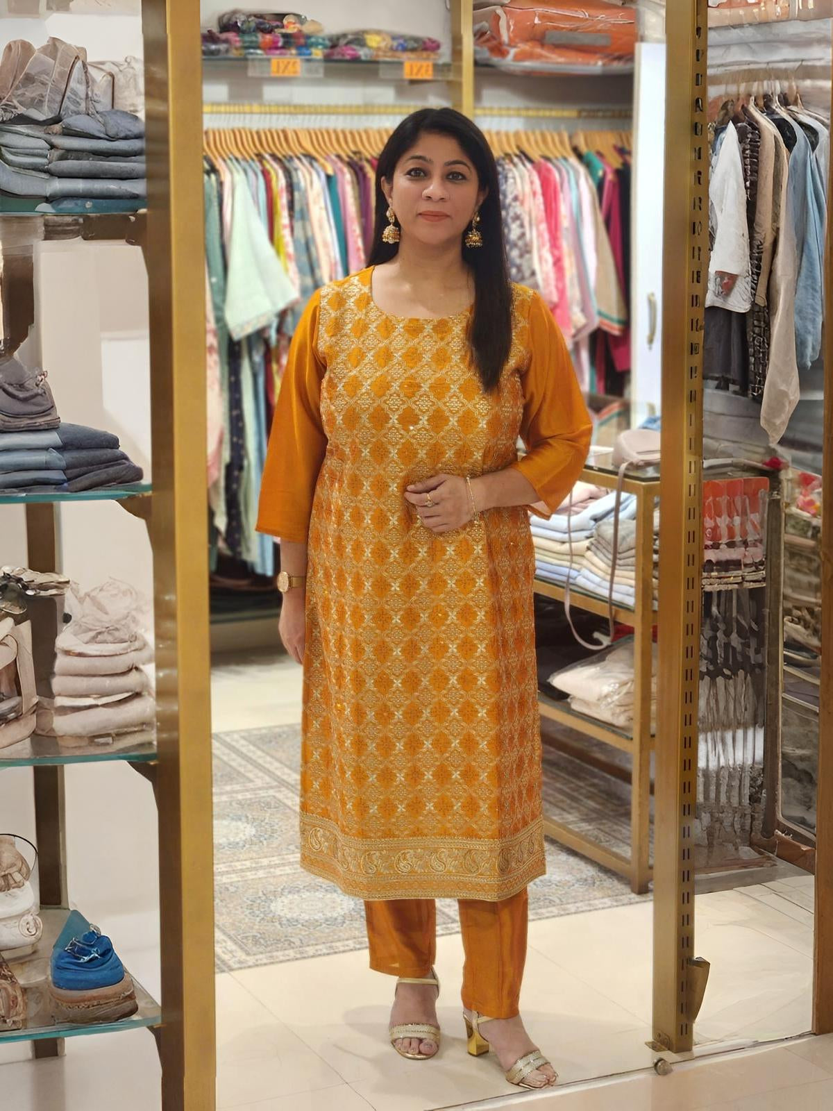 Mustard Yellow 3-Piece Suit with Exquisite Gold Thread Embroidery