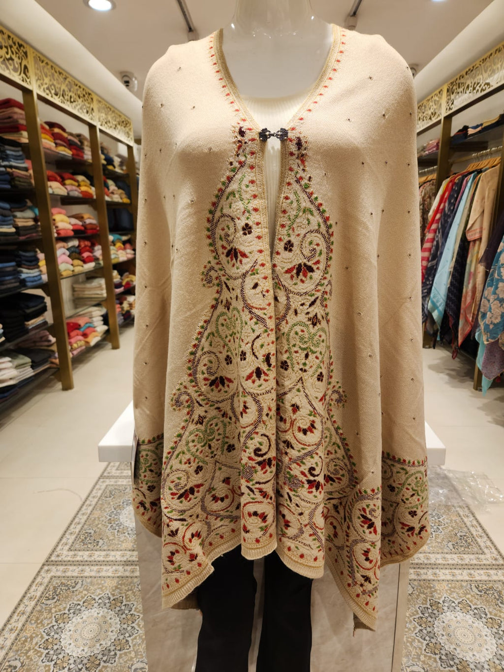 Beige & Multi-Color Embroidered Floral Winter Cape
