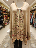 Beige & Multi-Color Embroidered Floral Winter Cape