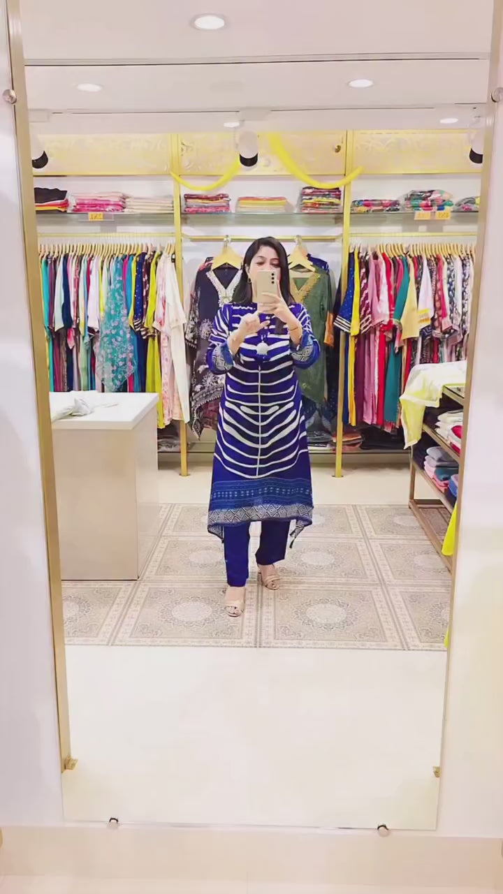 Royal Blue Printed Co-ord Set with Geometric Border Detailing