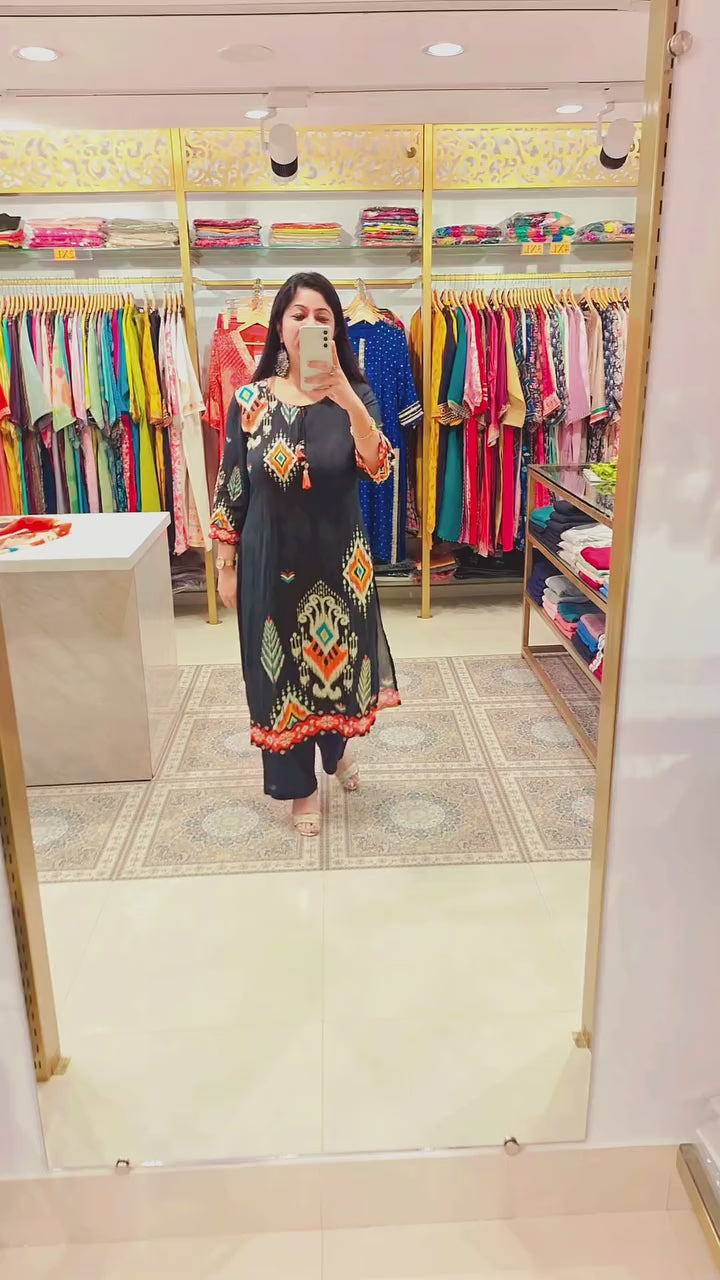 Tribal Motif Printed Black Cotton Kurta Set