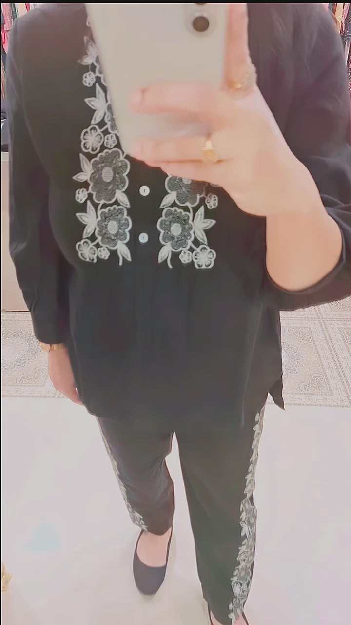 Elegant Black Cotton Kurta Set with Rust Embroidered Yoke and Printed Dupatta