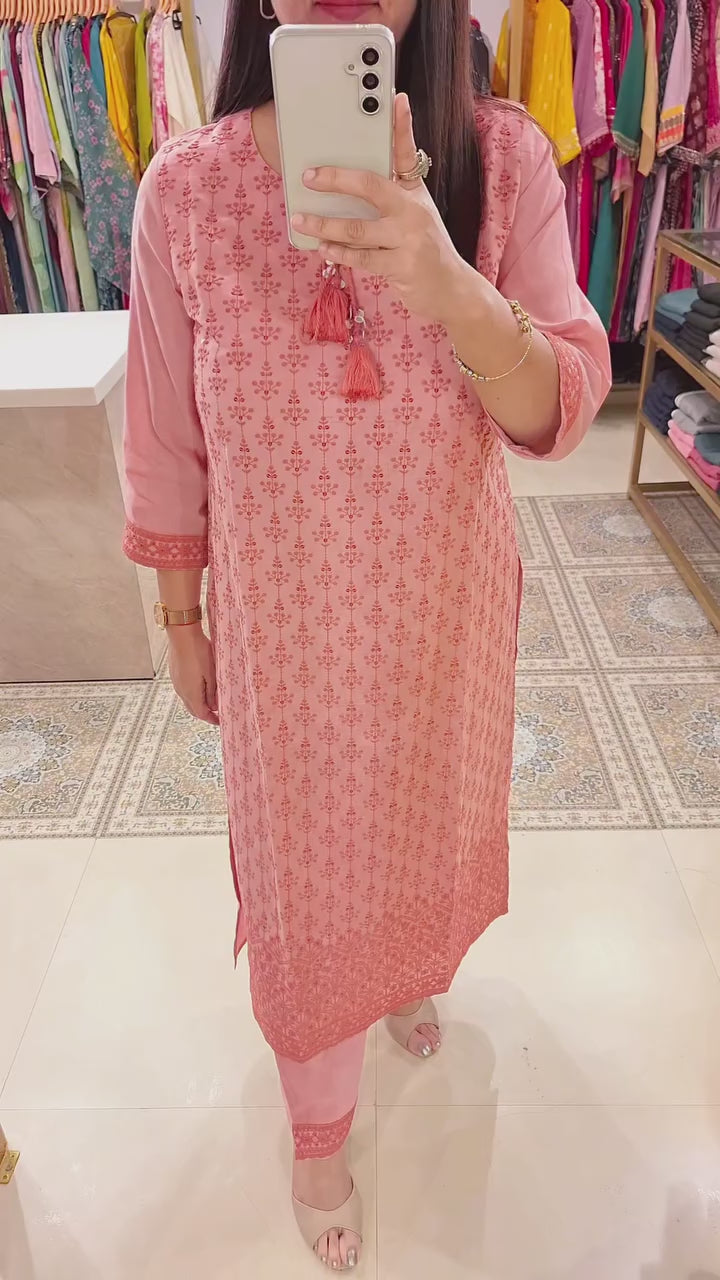 Pink Blush Embroidered Cotton Kurta Set with Matching Dupatta