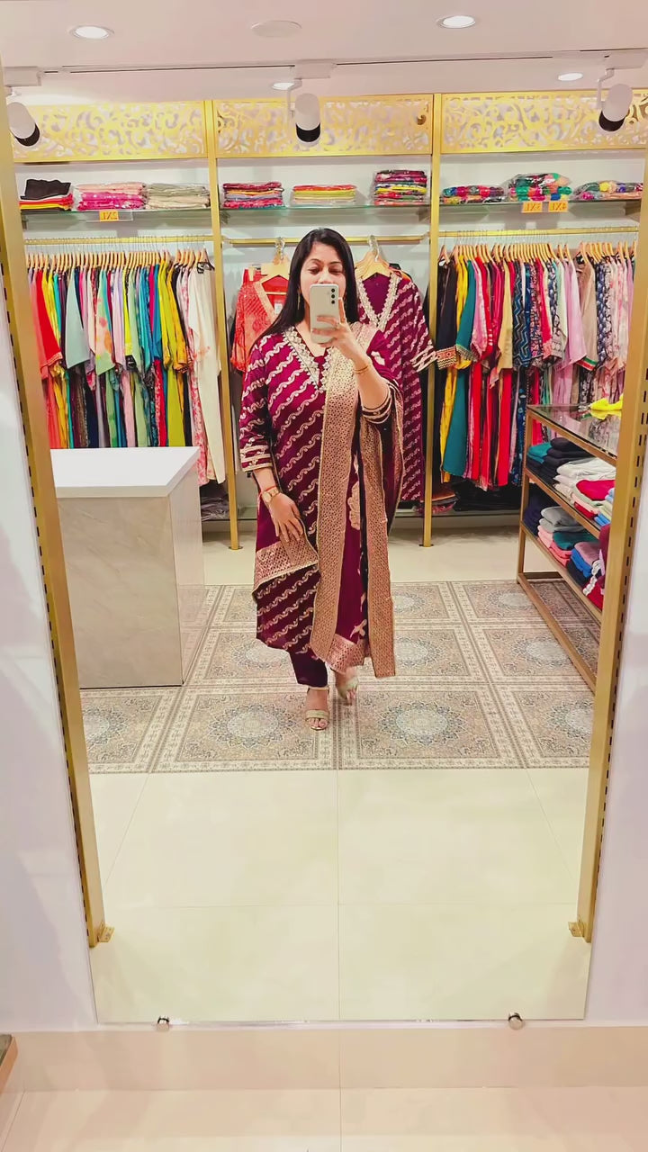 Maroon Gold Zari Embroidered Cotton Silk Suit Set