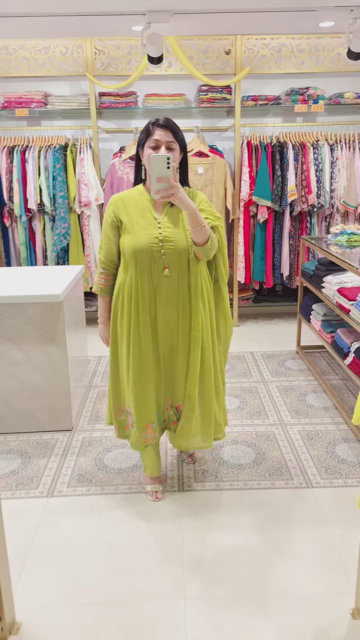 Lime Green Pure Mul Cotton Kurta Set with Exquisite Embroidered Detailing