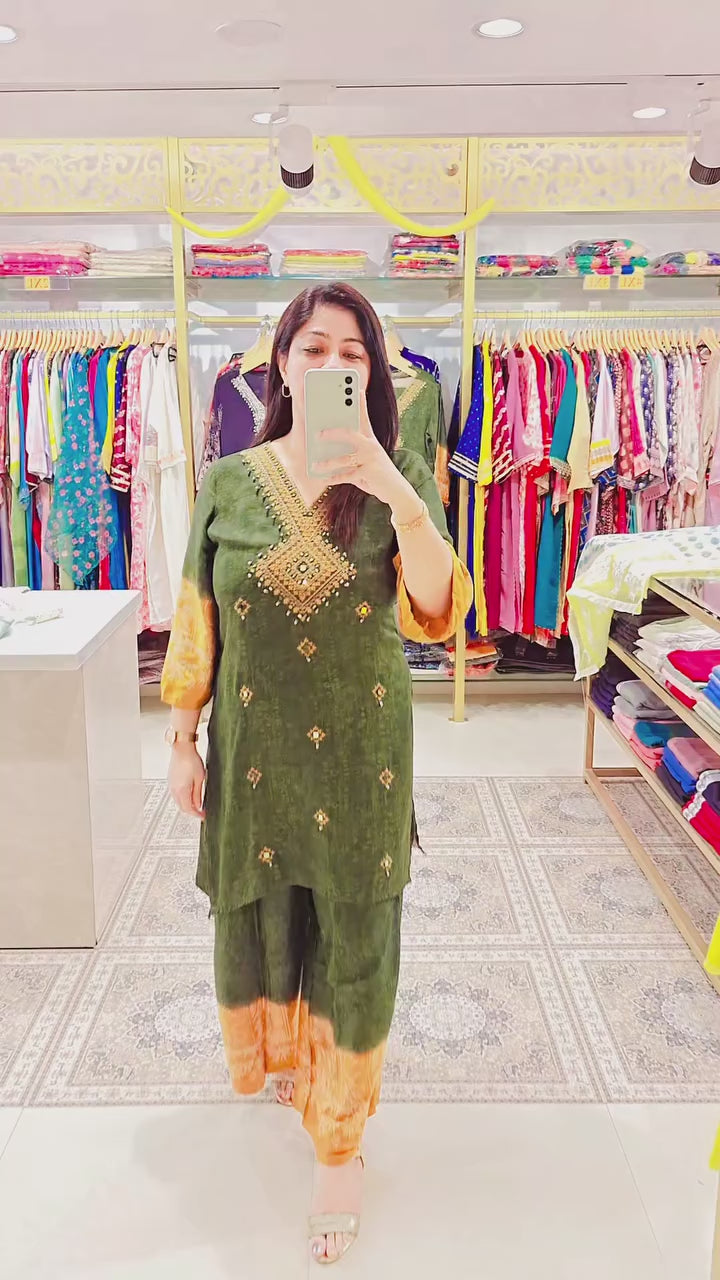 Olive Green and Mustard Co-ord Set with Embroidered Neckline