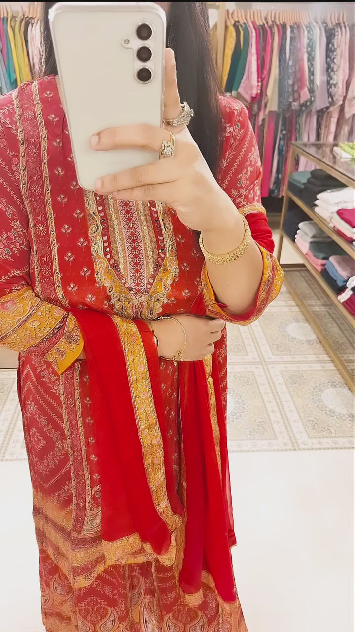 Rust Red Printed Crepe Kurta Sharara Set with Dupatta