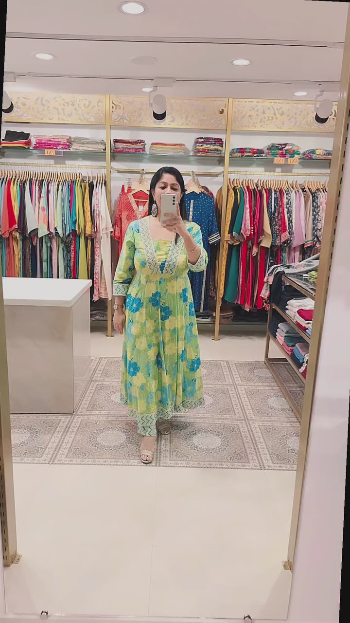 Floral Print Anarkali Cotton Kurta Set with Dupatta