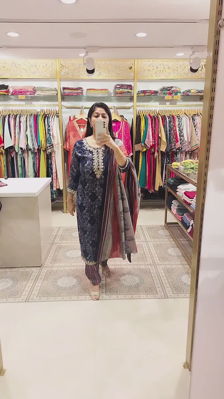 Navy Blue Embroidered Cotton Suit Set with Striped Dupatta