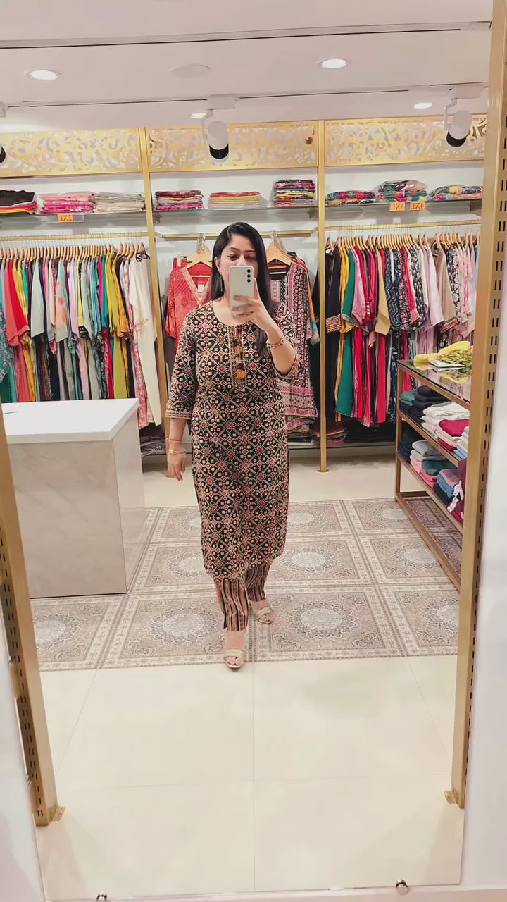 Black Geometric Printed Cotton Suit Set