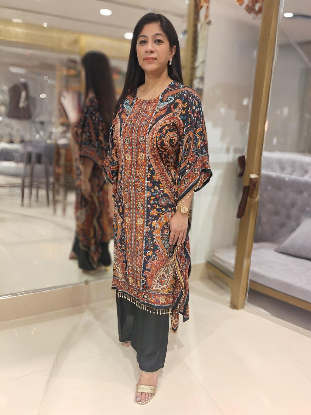 Black Muslin  Digital print Kaftan Set with mirror detailing