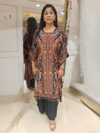 Black Muslin  Digital print Kaftan Set with mirror detailing