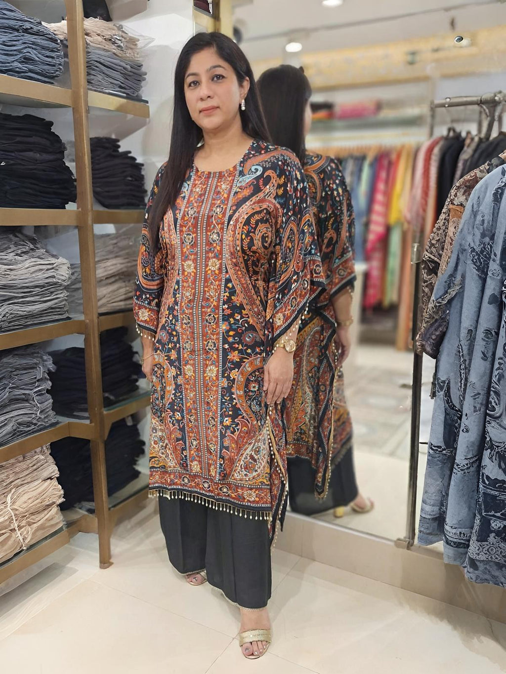 Black Muslin  Digital print Kaftan Set with mirror detailing